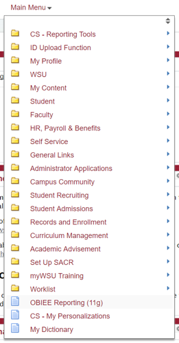my WSU main menu dropdown list