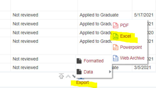 popup window with highlighted option to export to Microsoft Excel