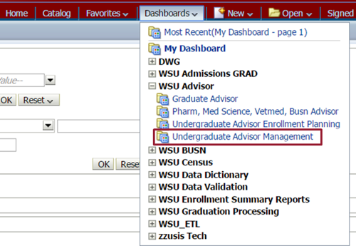 obiee dashboards dropdown list with undergraduate advisor management indicated